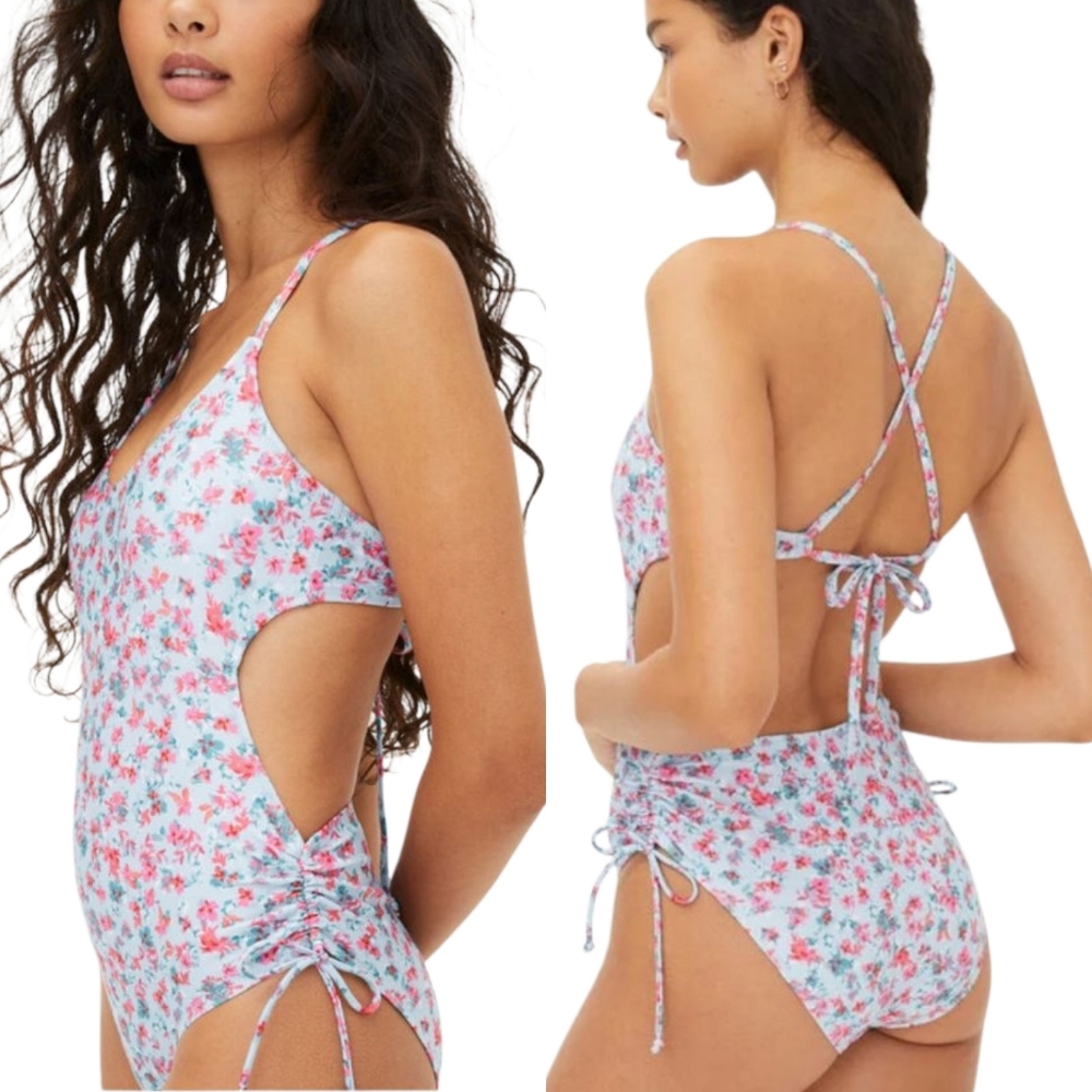 Aeropostale Floral Side Tie‎ One Piece Swimsuit Open Back Strappy Blue Ruched XL